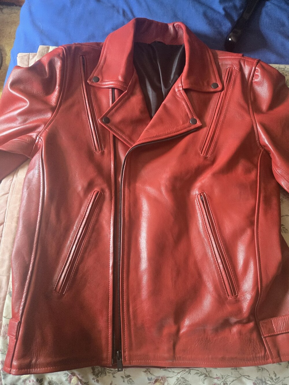 Men's Red Leather Biker Jacket - Classic Asymmetrical Zip